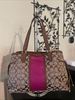 Coach Brown Tote with Pink Snakeskin Center Panel